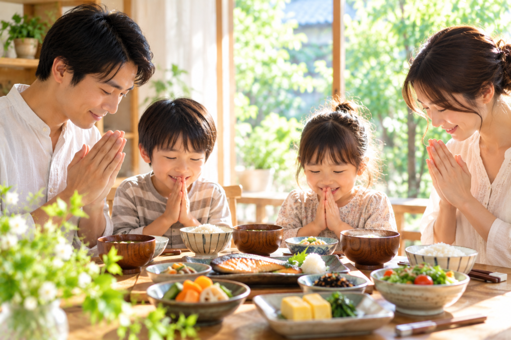 食事の前に「頂きます」と手を合わせる家族